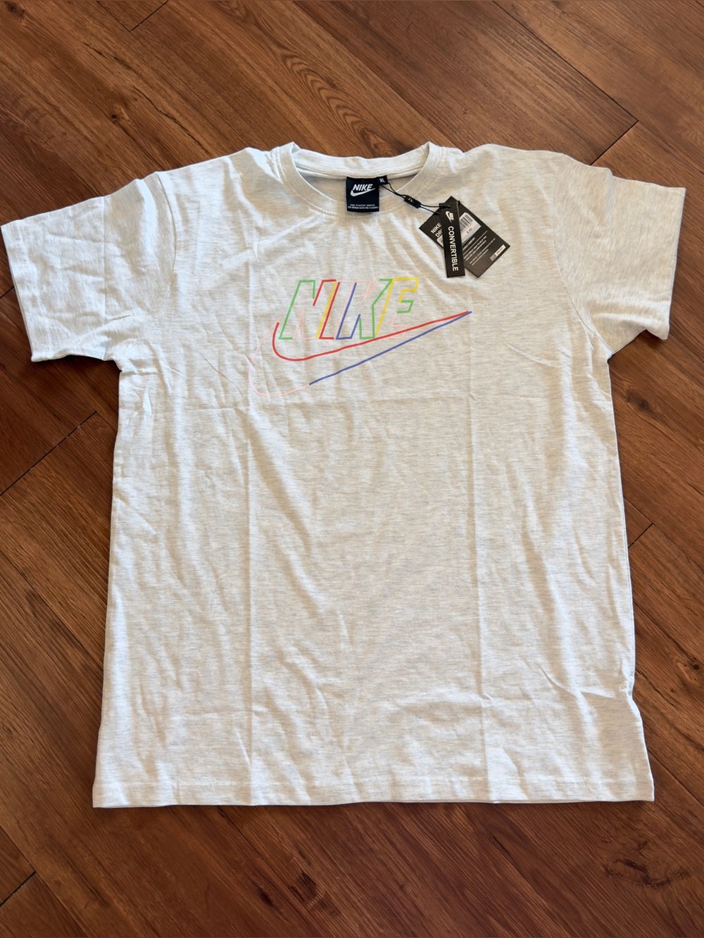 Nike Men's Heather White Short Sleeve Tee with Multicolor Outline Swoosh